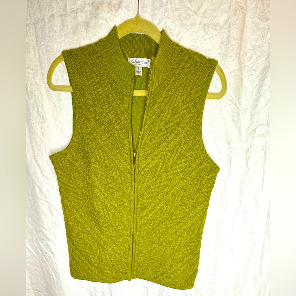 Coldwater Creek boiled wool cable knit vest jacket women’s small chartreuse.